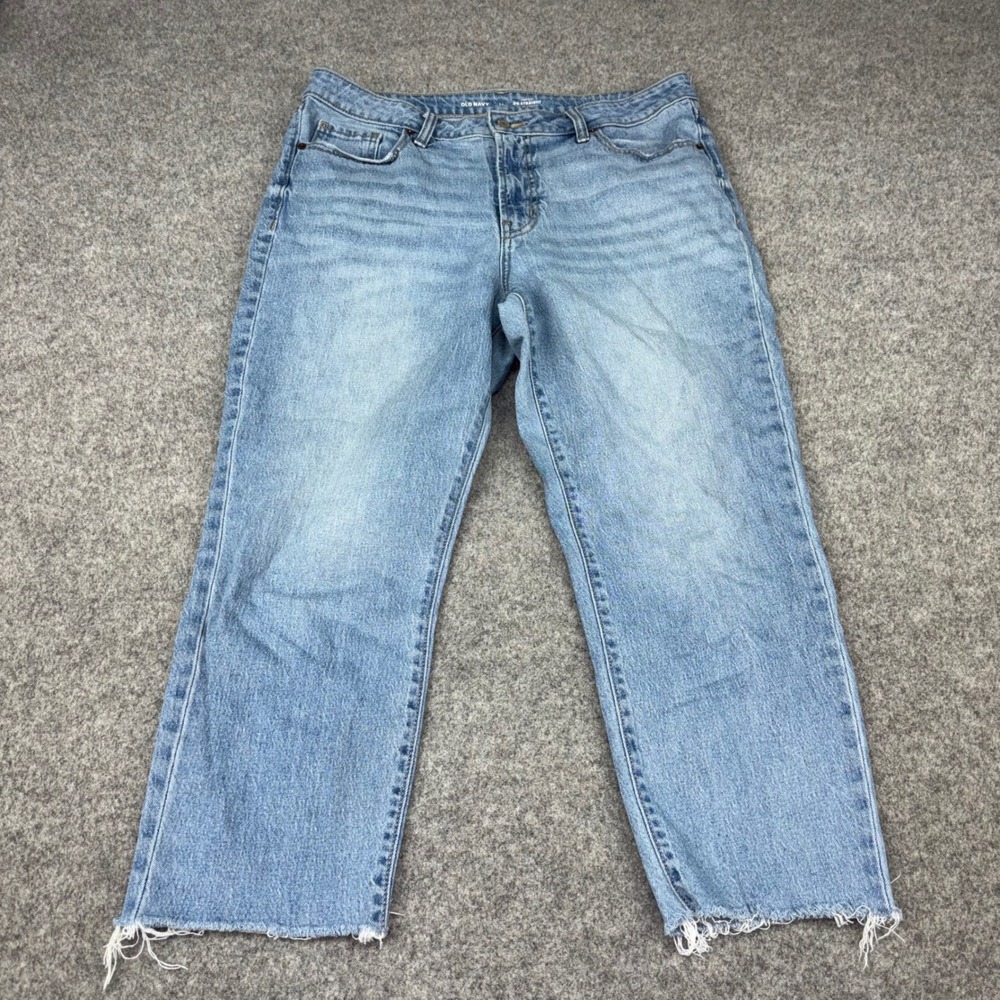 Old Navy OG Straight Jeans Womens 14 Blue High Rise Raw Hem Ankle Denim Trousers
